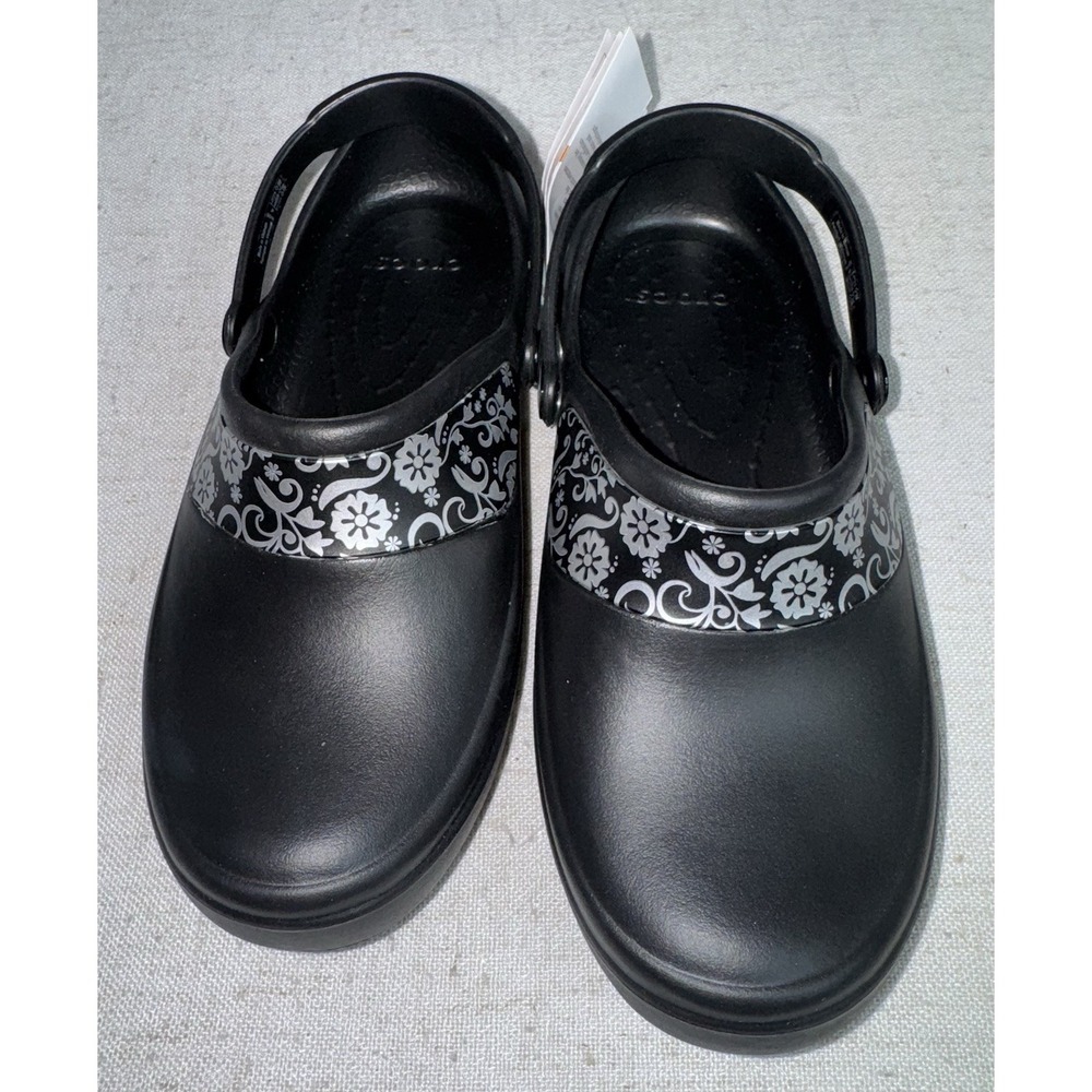 NWT CROCS Mercy Work Slip Resistant Black & Silver Floral Shoes Clogs Women's 6 - Picture 3 of 5